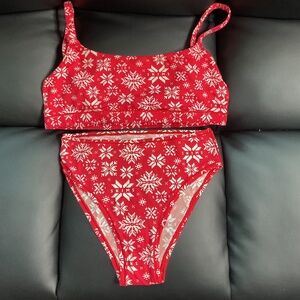 SKIMS Fits Everybody Scoop Bralette & High Waisted Brief Set Red Snowflake Sz M